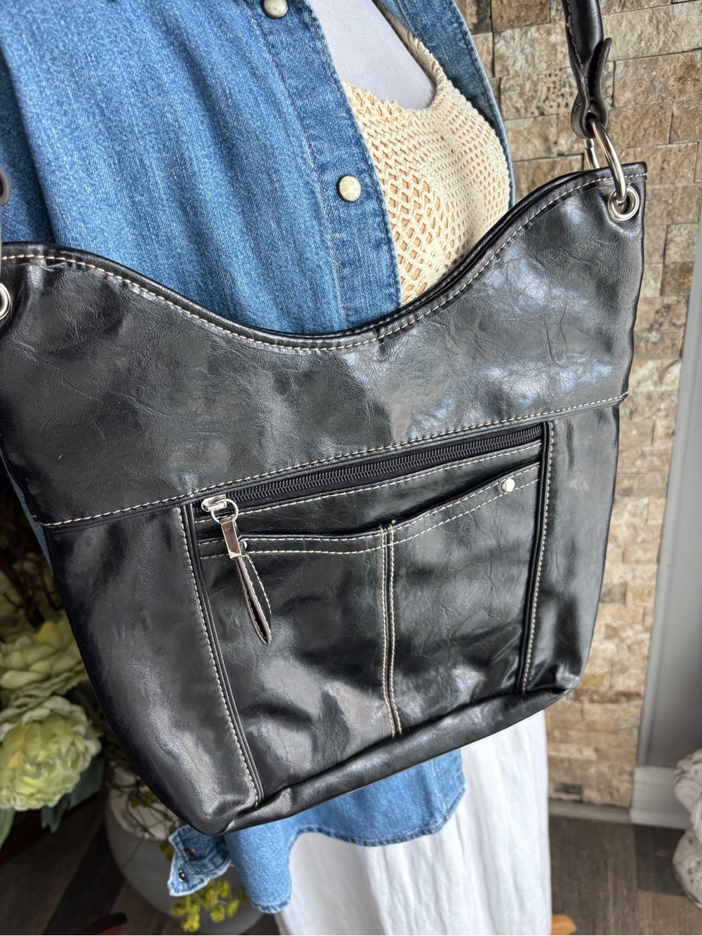Rosetti Black Faux Leather Shoulder Bag with Front Zip Pocket